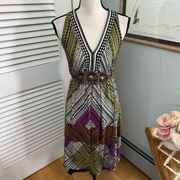 Vintage ICE Womens Dress Medium Midi Slinky Geometric Pulnging V-Neck Boho Chic - Picture 1 of 11